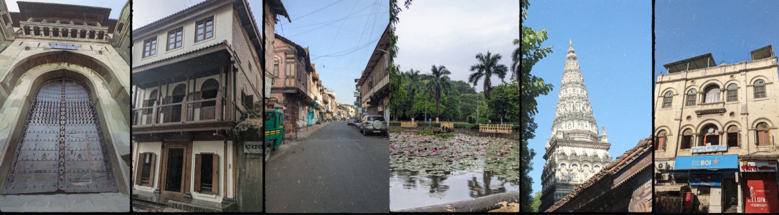A strip of Pune heritage: Shaniwar Wada's gate, wada facades, peth streets, Sarasbaug and a temple shikhara